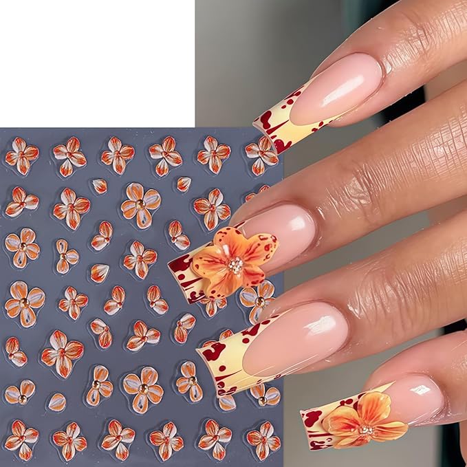 4sheets 5D Embossed Flower Nail Art Stickers Self Adhesive Fall Yellow Flowers Nail Stickers Autumn Orange White Daisy Nail Decals Orange Petal Daisies Nails Supplies for Women Manicure Accessories