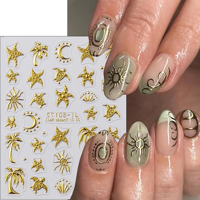 2Pcs Summer Nail Stickers for Nails Art 5D Gold Ocean Nail Decals Self Adhesive Tropical Starfish Sea Turtle Coconut Tree Nail Design Sticker Summer Beach Nails Art Stickers Accessories for Women DIY