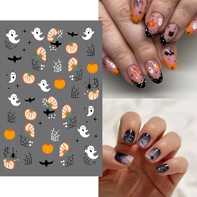 12 Sheets Halloween Nail Art Stickers Cute Ghost 3D Self-Adhesive Nail Decals Bat Mummy Skull Pumpkin Designs Nail Decorations Fall Maple Leaf DIY Manicure Supplies for Women Girls