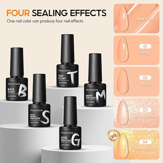Peacecolor 60PCs Gel Nail Polish Set 55 Colors Gel Polish Kit with Glossy/Matte/Glitter 5Pcs Top Coat & Base Coat Soak Off U V Lamp Glitter Pink White All Seasons Nail Kit Gifts for Women