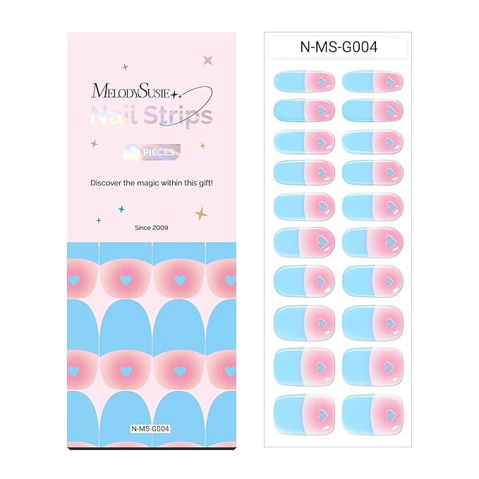 MelodySusie Semi Cured Gel Nail Strips, 20 PCS Gel Nail Stickers, Gel Nail Wraps, UV Light Required, Durable and Salon Quality (Blue and Heart)