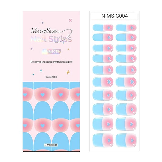 MelodySusie Semi Cured Gel Nail Strips, 20 PCS Gel Nail Stickers, Gel Nail Wraps, UV Light Required, Durable and Salon Quality (Blue and Heart)