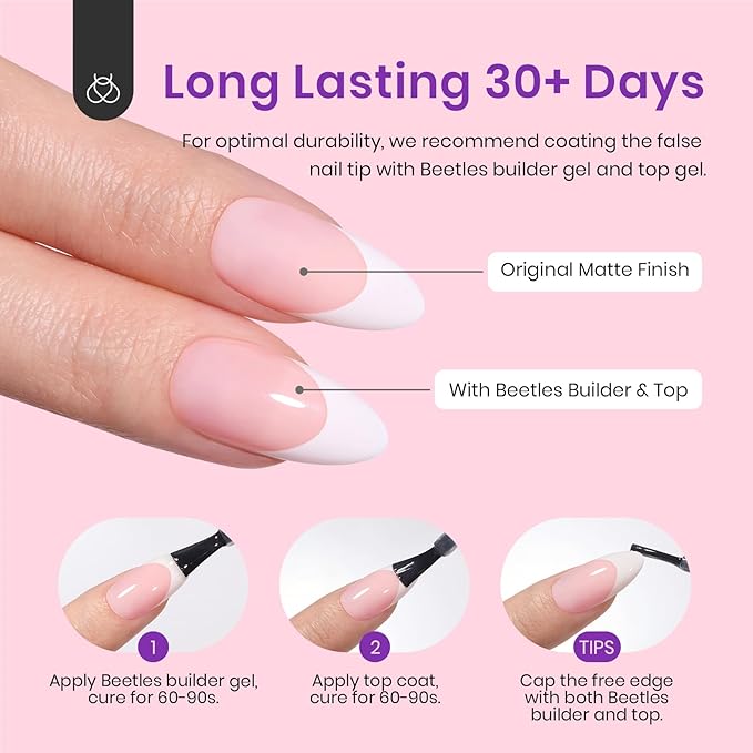 Beetles French Tips Press On Nails-210 Pcs Pink French Tip Nails Medium Almond Fake Nail Tips, Soft Gel Nails False Nails Art DIY Gift For Women