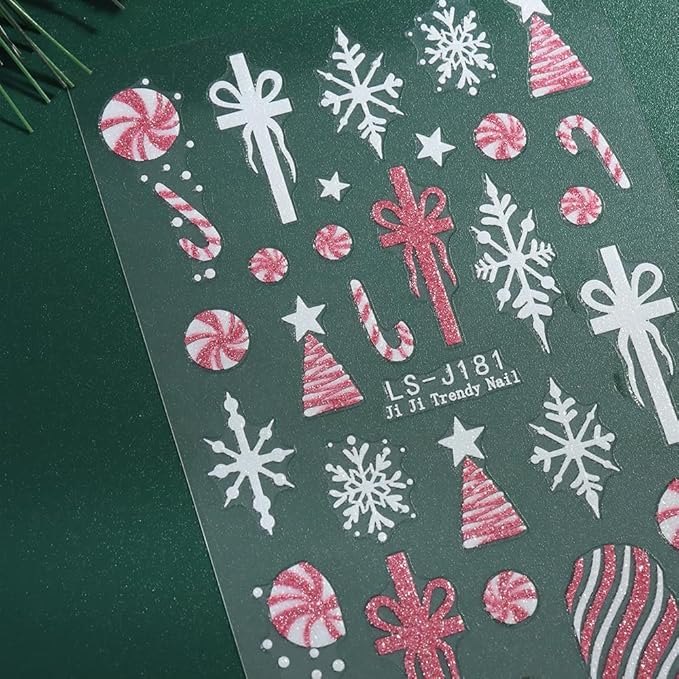 Christmas Nail Art Stickers Glitter Snowflake Candy Self-Adhesive Xmas Nail Decals Nail Art Supplies 6PCS Red Gold Glitter Xmas Tree Bow French Tip HOHO Design Christmas Stickers for Nails Decoration