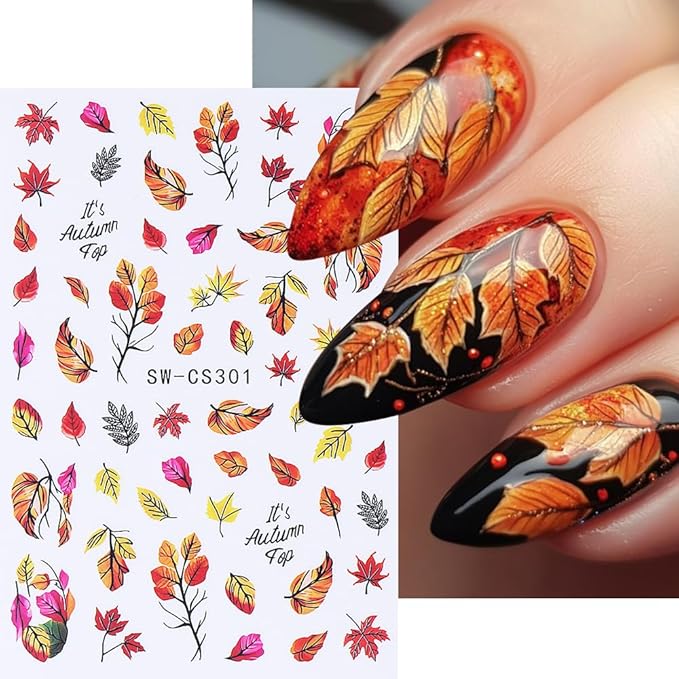 7 Sheets Fall Maple Nail Stickers for Nail Art, 3D Self-Adhesive Autumn Leaf Pumpkin Nail Decals, Mushroom Nail Supplies Nail Art Design Accessories for Women and Girls Manicure DIY Decoration