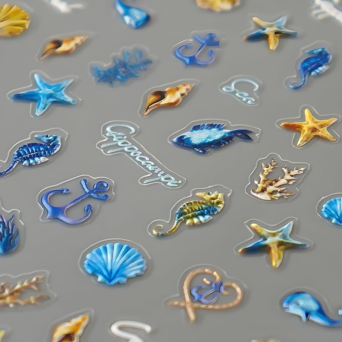 Summer Nail Art Stickers Decals 5D Embossed Self Adhesive Blue Seashell Starfish Nail Stickers Ocean Nail Decals for Nail Art Marine Life Nail Design Decoration Accessories for Women 2 Sheets
