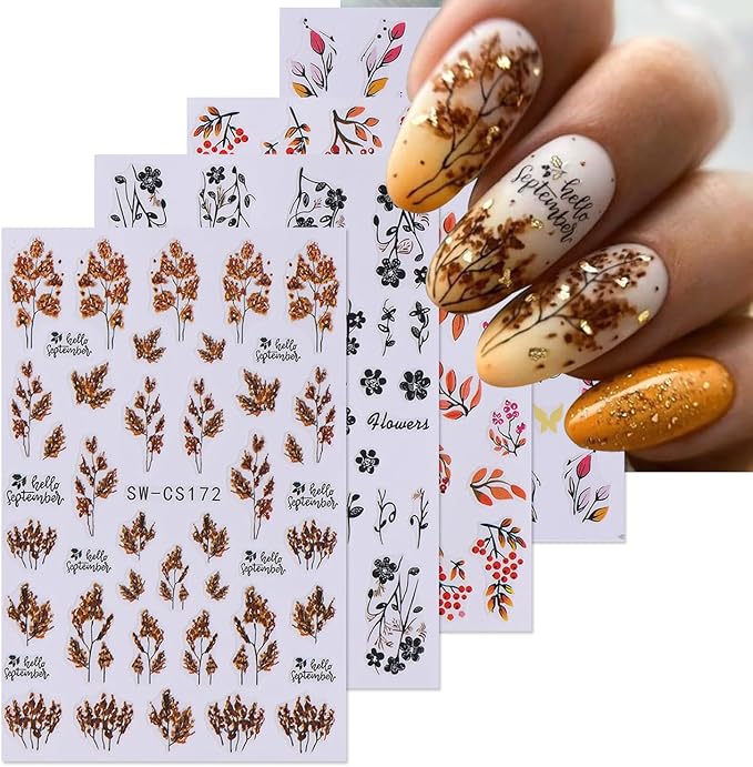 Fall Nail Stickers Decals 12 Sheets Autumn Leaves Nail Art Decals Pumpkins Drinking Maple Leaves Flower Nails Design 3D Self-Adhesive Holiday Thanksgiving Sliders Manicure Nail Decoration