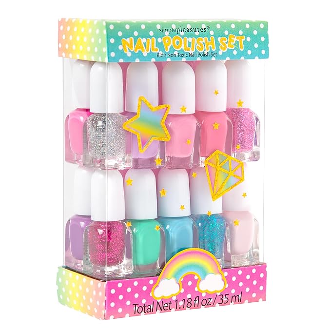 SIMPLE PLEASURES Unicorn Glitter Kids Nail Polish Set for Girls – 14 Water-Based Non -Toxic Nail Art Kit - Gift Set for Girls Ages 7-12