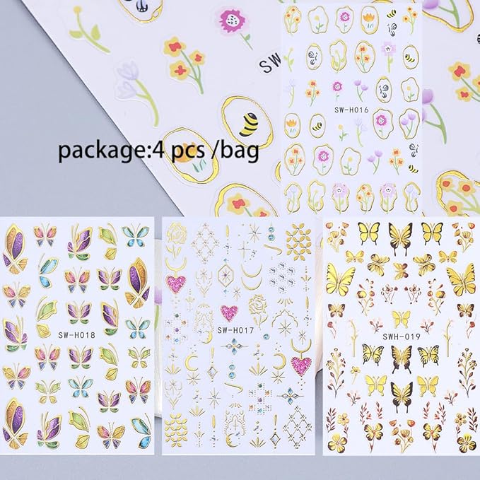 4 Sheets Gold Butterfly Nail Stickers for Nail Art, 3D Self-Adhesive Flower Leaf Boho Butterfly Nail Decals, Nail Supplies Nail Art Designers Accessories for Women and Girls Manicure DIY Decoration
