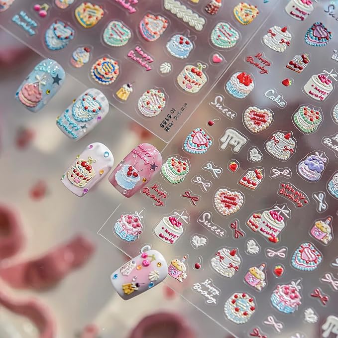 Christmas Nail Stickers 5D Birthday Cake Candle Nail Art Stickers Bow Fruit Nail Decals Self Adhesive Design 3D Cute Sticker Holiday Nail Art Decoration for Girls Women Manicure Accessories