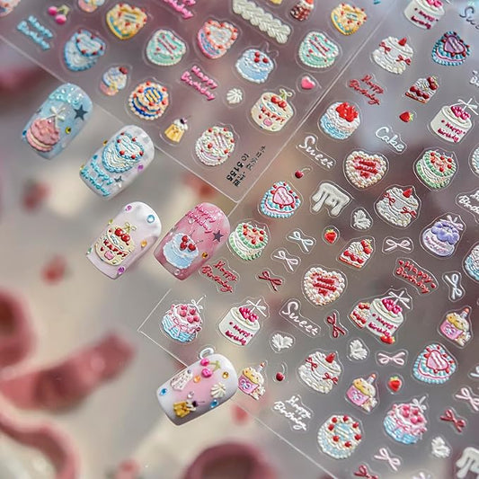 Christmas Nail Stickers 5D Birthday Cake Candle Nail Art Stickers Bow Fruit Nail Decals Self Adhesive Design 3D Cute Sticker Holiday Nail Art Decoration for Girls Women Manicure Accessories