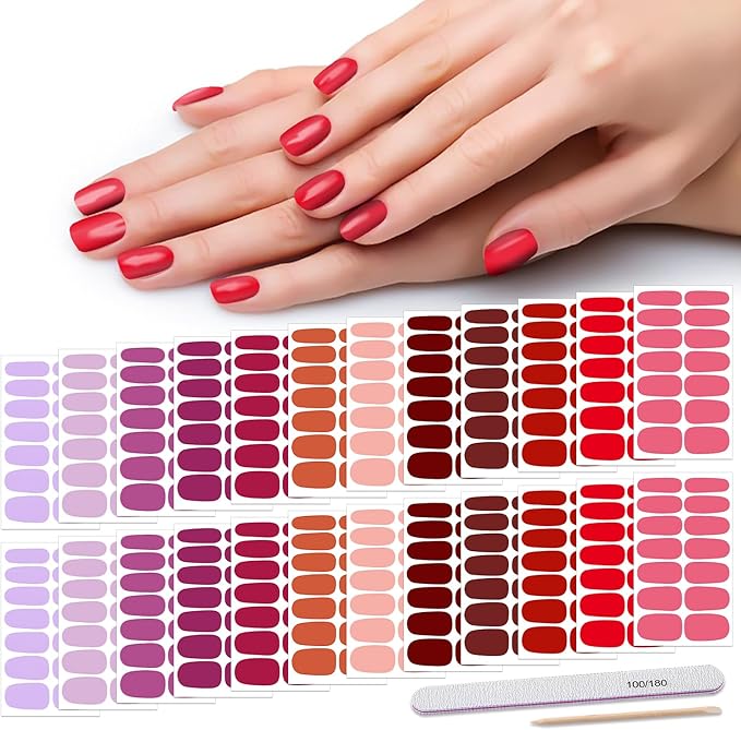 DANNEASY 24 Sheets Nail Polish Strips Full Nail Wraps - Red Pink, Self Adhesive Gel Nail Strips Stick on Nail Polish Stickers for Women Nail Art Accessories with 1pc File, Cuticle Stick