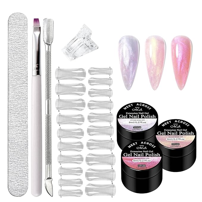 MEET ACROSS Poly Nail Gel 8Pcs Nail Extension Gel Set and Nail Extension Starter Kit for Beginners Nail Art DIY Home Gifts for Women (Aurora-2, 8pcs)