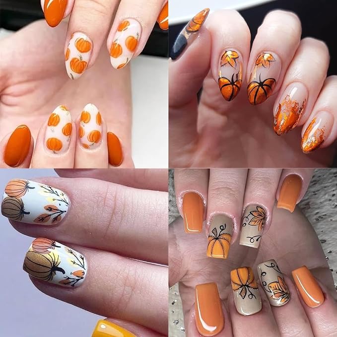 8 Sheets Pumpkin Nail Decals for Thanksgiving Art Stickers - Autumn Fruit Flower Leaf 3D Self-Adhesive Fall Decoration Supplies for Women Girls