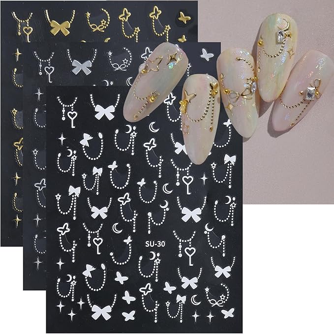 Silver Gold Bow Heart Nail Art Stickers, 6 Sheets 3D Self-Adhesive Nail Decals for Women and Girls, Nail Art Design Shiny Supplies Decoration Accessories