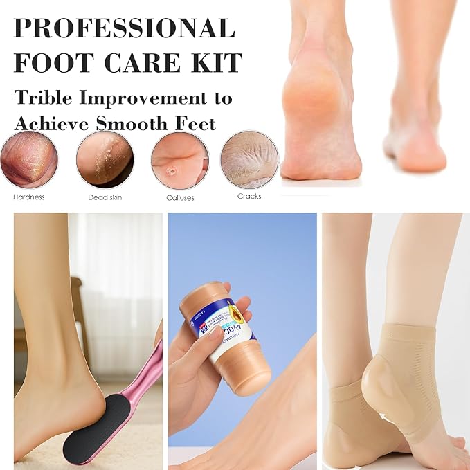 Nano Glass Foot File, Hard Skin Callus Remover with 1PCS Feet Cream, 2Pairs Moisturizing Heel Socks, Professional Foot Care Kit Keep Your Feet Smooth, Pink