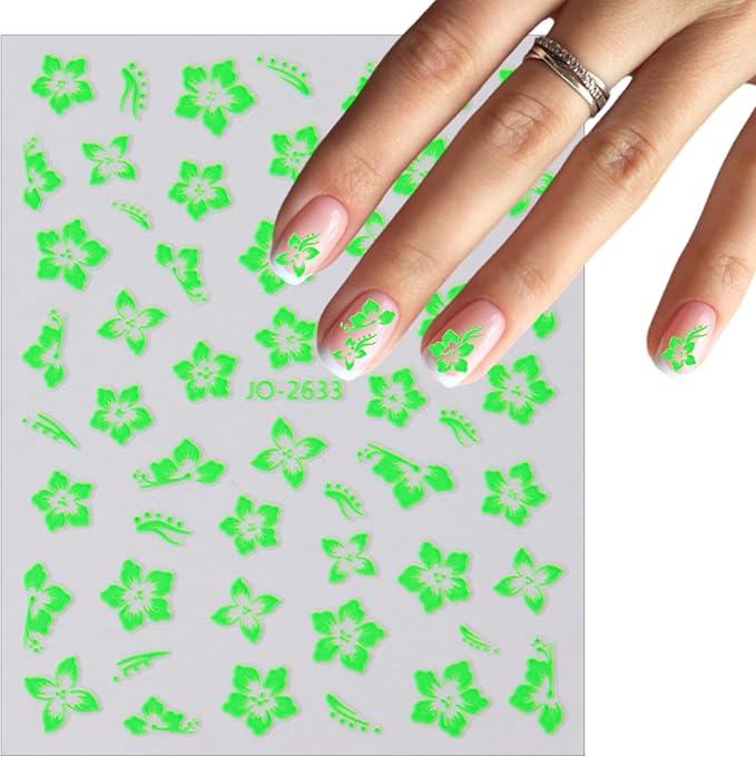 8Sheets Color Flower Nail Stickers 3D Hollow Out Hibiscus Nail Decals Pink Yellow White Floral Designs Summer Cute Flowers Decals Pegatinas Uñas for Women Girls DIY Manicure Decoration Accessories