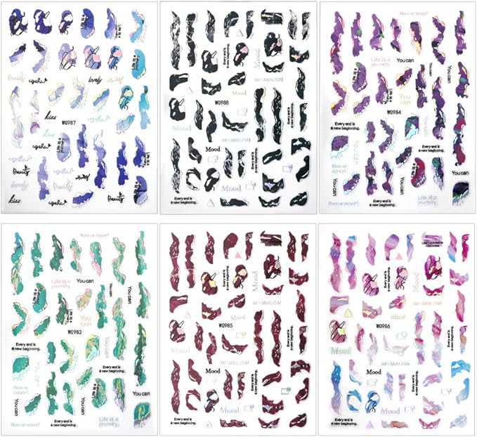 6 Color Marble Nail Art Stickers - Women's 3D Bronzing Silver & Watercolor Blooming Decals - Self Adhesive Foil Nail Designs