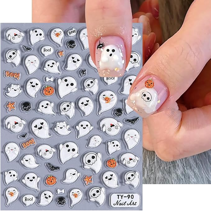 1 Sheets 5d Embossed Ghost Nail Decals for Nail Art Self-Adhesive Scary Halloween Nail Stickers Cute Pumpkin Nail Art Stickers Horror Bat Skull Nail Design Decals for Women Holiday Nails Decorations