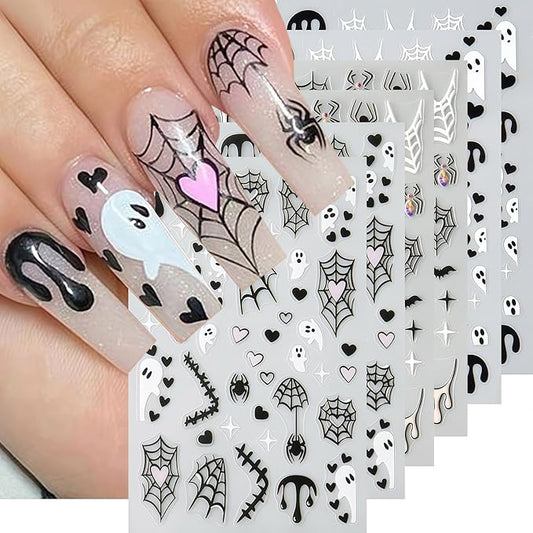 Halloween Nail Stickers 6 Sheets Bat Nail Stickers 3D Self-Adhesive Blood Spider Web Heart Spider Bat Nails Design Ghost Nail Decals Halloween Bats Ghost Sticker for Holiday DIY Manicure Decorate