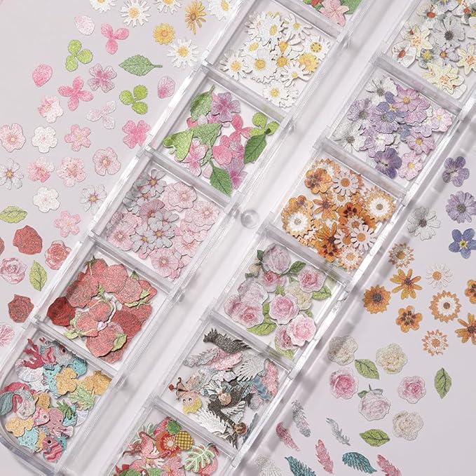 300Pcs 3D Flower Nail Art Charms Sequins Mixed Colorful Nail Flowers for Nail Art Leaves Butterfly Nail Design Slice Nail Flowers Ultra Wood Pulp Flakes Sequins 5