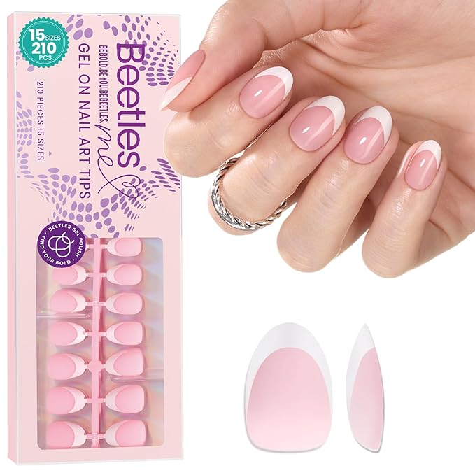 Beetles X Press Plus French Tip Nails | Petal French | Pink Ultra-Short Almond French Tip Press On Nails-210 Pcs 16 Sizes Natural Salon Quality Nail Tips
