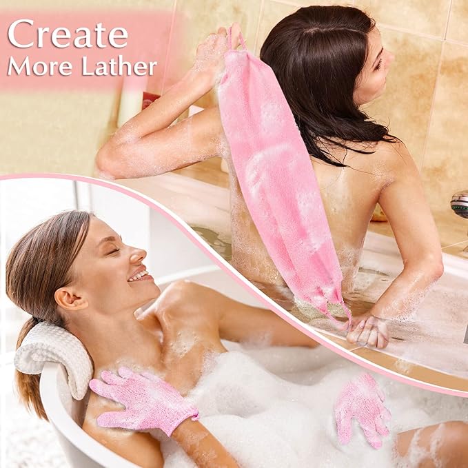 Anezus Exfoliating Shower Bath Gloves Back Scrubber Set for Body, Face, Shower, Bath, Scrub and Exfoliator (Pink)