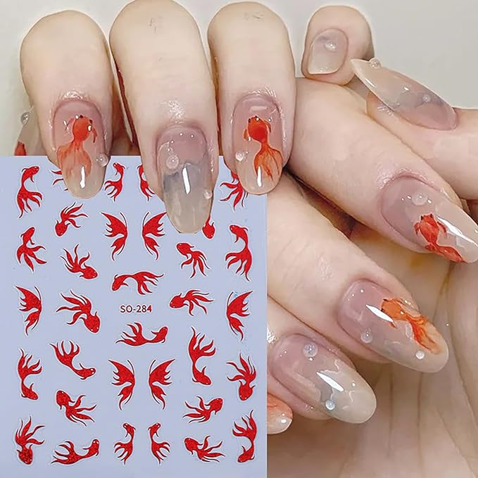 6 Sheets Ocean Animals Nail Art Stickers 3D Self -Adhesive Starfish Jellyfish Nail Decals Holographic Cute Koi Fish Octopus Nail Stickers Summer Nail Decoration for Women Manicure Supplies