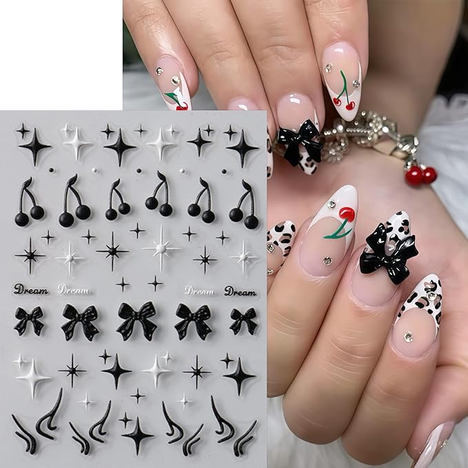 3 Sheets Goth Nail Stickers for Nail Art 5D Punk Style Black Bow Nail Art Stickers Black Star Cherry Nail Decals Self-Adhesive Nails Supplies Dark Style Star Bow Nail Decoration for Women DIY Manicure