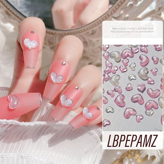 200Pcs Mixed Size Colorful Heart Nail Art Charms 3D Shining White Pink Flat Valentine's Day Nail Charms Love Heart Resin Crystal Jewelry Craft DIY Accessories for Women Acrylic Nail Decor