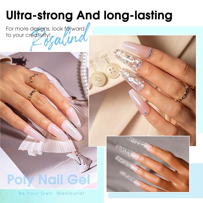 ROSALIND Pink Poly Nail Gel Kit -12 Colors + Nail Art Accessories Kit Poly Nails Gel Starter Kit with Slip Solution All Seasons Classic Colors Nails Extensions Set with Mini UV Lamp