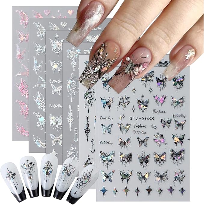 6 Sheets Glitter Black Pink Butterfly Nail Art Stickers, 3D Holographic Laser Embossed Pendant Butterfly Design Nail Decals Star Heart Shape Nail Stickers for Women DIY Nail Decoration