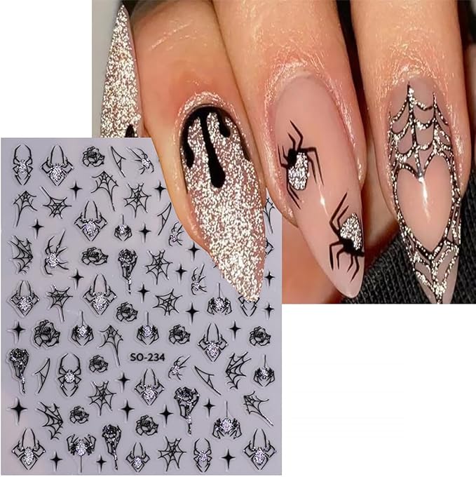 8 Sheets Strawberry Spider Halloween Nail Stickers - 3D Self-Adhesive Decals for Nail Art Design - Red, Black, Silver French Nail Art Supplies for Women