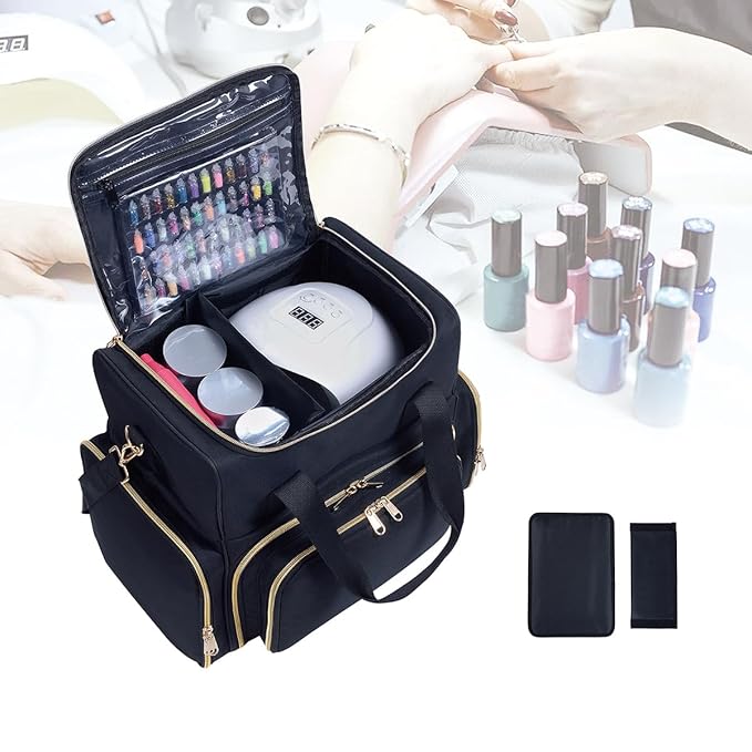 Nail Polish Organizer Case Holds 80 Bottles(15ml/0.5fl.oz) Portable Travel Storage Box with 2 Detachable Bags, Designed for Women's Nail Tools, Essential Oils and Cosmetics Sets(Black)