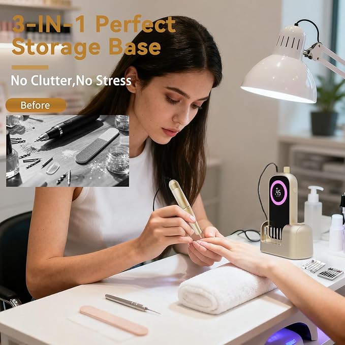 Electric Nail Drill 45000RPM, 2025 Pro High Tech Fast Remove Cordless Nails Drill with Rechargeable Stand for Acrylic Nails, 12Pcs Drill Bits and Holder, LCD Professional Nail Machine for Salon Home