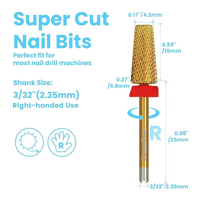 Super Cut Tapered Barrel Nail Drill Bits, 3/32'' Professional Tungsten Carbide Bits, Remove Hard Gel Fast, Right Hand, Suitable for Long Acrylic Nails Gel Polishing, Fine.