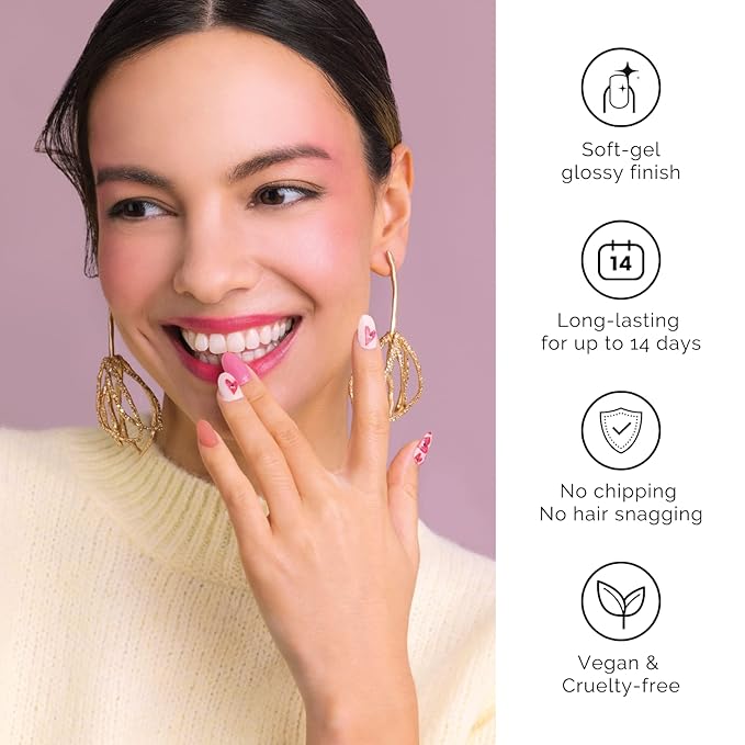 NAILOG Semi Cured Gel Nail Strips for Valentine's Day (20 Extra Long Stickers/Wraps) | Buy 2 Get 1 UV Lamp| Glossy & Long Lasting Soft Gel Finishing, Pink Gaze