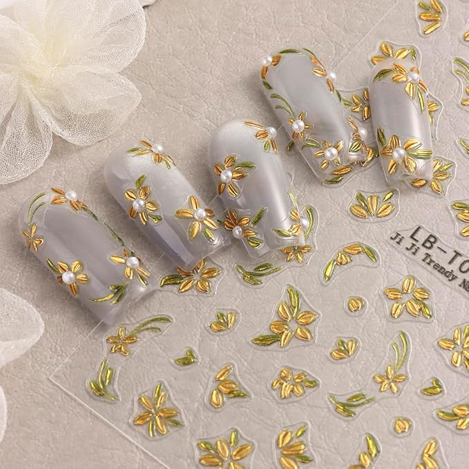 5 Sheets Bronzing Flower Nail Art Stickers Decals, Metallic Floral Leaf Plant 5D Embossed Nail Decals Self-Adhesive Nail Supplies Nail Art Design Decoration Accessories for Women and Girls
