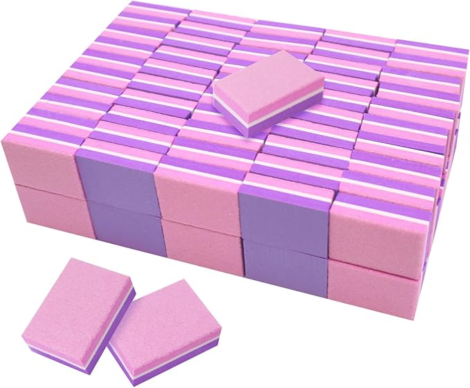 100 Pcs Nail Buffers, 100/180 Grit Mini Buffers for Nails, Nail Buffer Block Bulk, Double Sided Sponge Buffer Nail File for Processional Nail Salon (Pink & Purple)