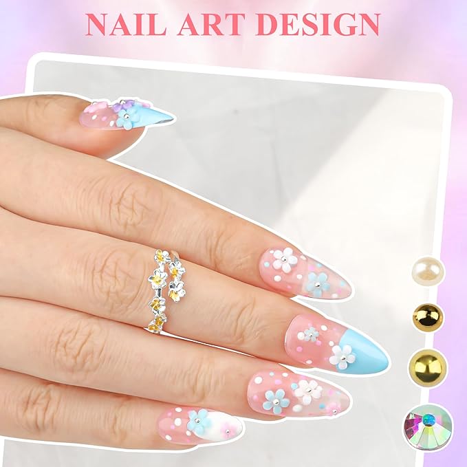3 Boxes 3D Flower Nail Charms and Gems - Colorful Nail Flower & Metal Butterfly Charms Clear Rhinestones Gemstones Silver/Gold Caviar Beads White Pearls with Nail Chain for DIY Nails (15-S3-Mixed4)