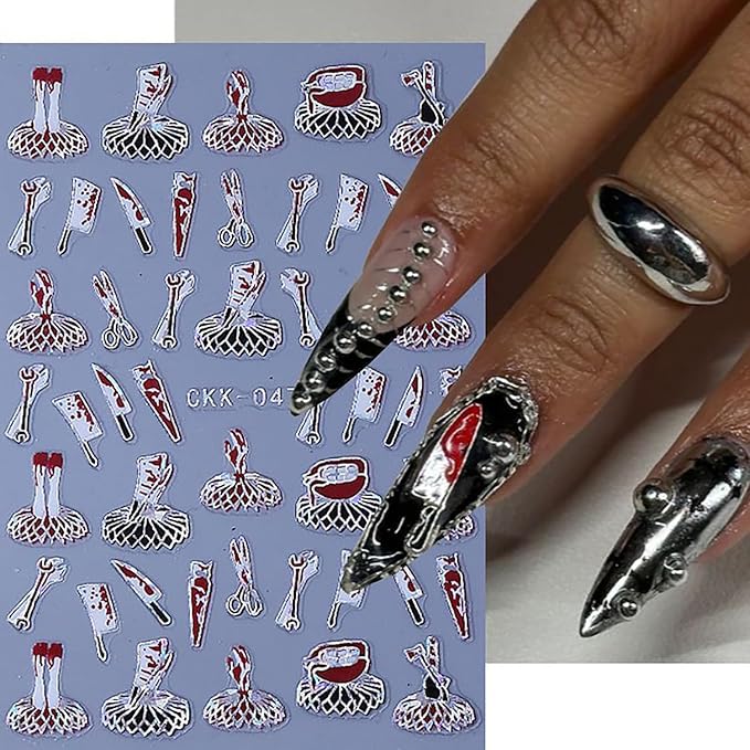 6 Sheets Halloween Nail Art Stickers 3D Self -Adhesive Bloods Hand Skeleton Nail Decals Holographic Blood Knives Nail Stickers Halloween Nail Decoration for Women Manicure Supplies