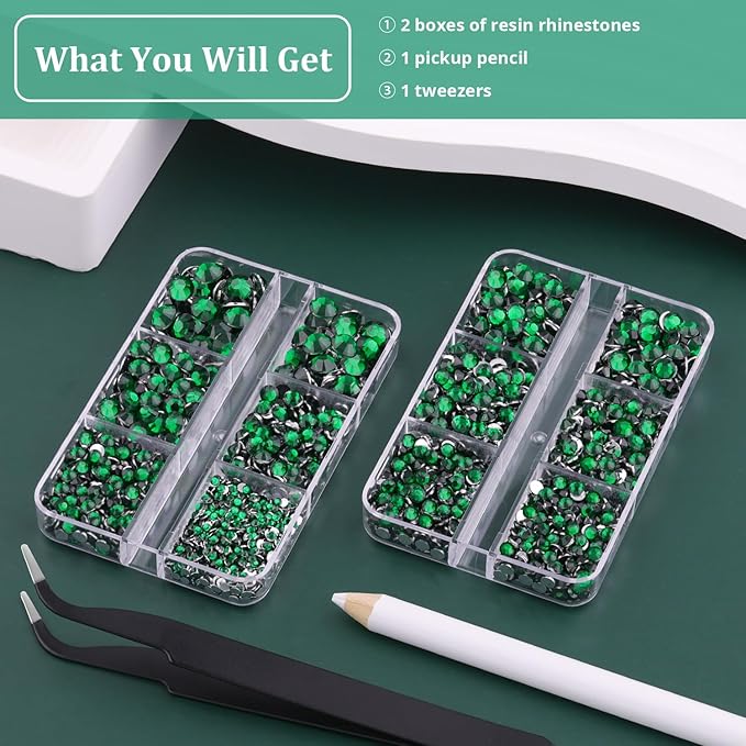 Resin Rhinestones for Crafting, 2 Boxeses Dark Green Multi Sizes Flatback Bedazzling Crystals for Crafts Nail Art Deco, Non Hotfix Gems Charms for Tumbler Shoes Clothing Fabric Face Makeup