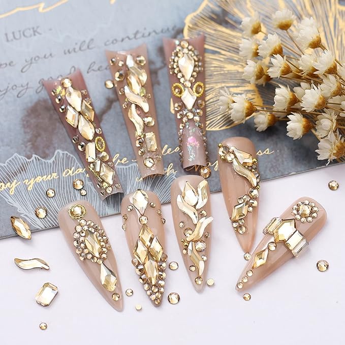 2052Pcs Champagne Gold Nail Rhinestones 72 Multi Shapes Golden Rhinestones for Nails Flatback Nail Gems +1980 K9 Glass Round Beads Stones Diamonds Nail Charms Art for Nails Faces Eyes Crafts