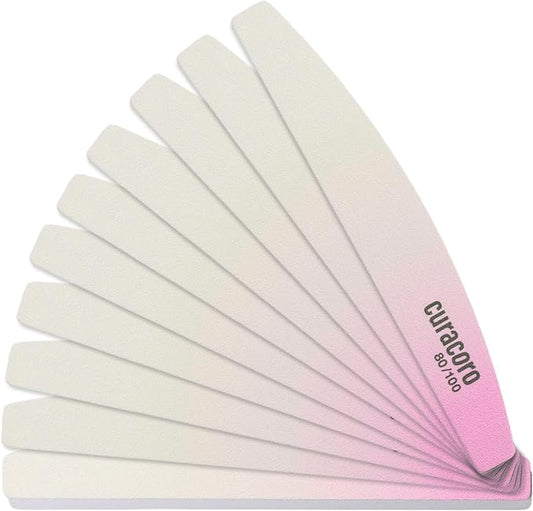 Curacoro 10 PCS Nail File - Professional Half-Moon Nail Files Double Sided Emery Board (80/100 Grit), Washable Nail Files and Buffers, Smooths & Shapes Nails, Manicure & Pedicure Buffing Tools