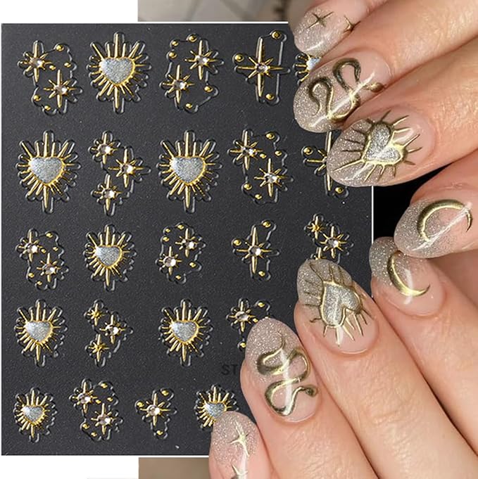 6Pcs Glitter Star Nail Stickers 5D Self Adhesives Rhinestones Design Stars Heart Nail Decals Aurora Gold Silver Red Snake Sun Moon Bow Nail Decoration Metallic Star Nail Art Stickers for Nail Supplies