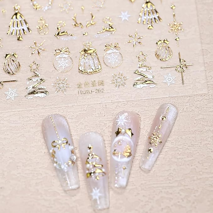Christmas 5D Embossed Nail Art Stickers for Rhinestones - Self Adhesive Gold Xmas Trees, Snowman, Reindeer, Snowflake Design - Cute Winter Star Stickers for Women