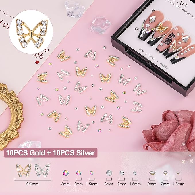 3D Nail Charms and Gems Set 8 with Rhinestone Glue, 20PCS Chunky Butterfly Charms + 75PCS Coquette Nail Bows and Hearts + 3D Flowers with Crystals, Pearls, Diamonds and Picker Tools for Y2K Nail Decor