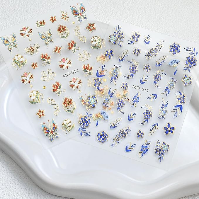 3 Sheet Flower Nail Art Stickers Decals 5D Embossed Self- Adhesive Blue Red Flowers Nail Stickers Gold Floral Nail Decals Supplies for Women DIY Manicure Accessories
