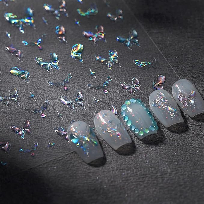 Aurora Laser Butterfly Nail Stickers - 5D Embossed, Holographic Design, Self-Adhesive Decals for Women's Nail Art Decoration