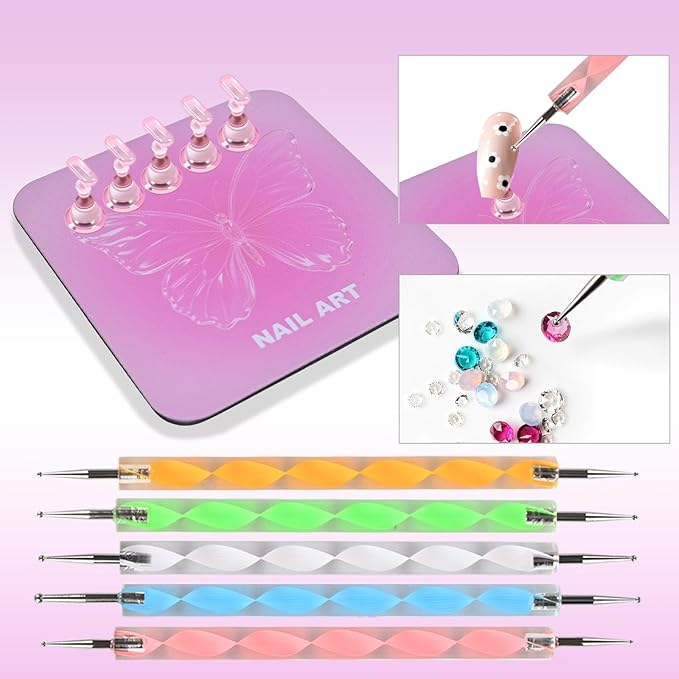 Nail Stand Brush Set, Magnetic Stands with Metal Base Art Palette, Reusable Nail Tips Display Practice Acrylic Holder with 200pcs Sticky Tabs and Tools for Home DIY Salon Supplies-Sliver